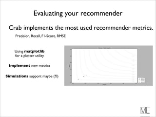Evaluating your recommender
 Crab implements the most used recommender metrics.
     Precision, Recall, F1-Score, RMSE



     Using matplotlib
     for a plotter utility

 Implement new metrics

Simulations support maybe (??)
 