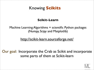 Knowing Scikits

                        Scikit-Learn

    Machine Learning Algorithms + scientiﬁc Python packages
                (Numpy, Scipy and Matplotlib)

           http://scikit-learn.sourceforge.net/


Our goal: Incorporate the Crab as Scikit and incorporate
           some parts of them at Scikit-learn
 