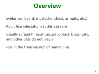 Overview
eyelashes, beard, mustache, chest, armpits, etc.).
Pubic lice infestations (pthiriasis) are
usually spread through sexual contact. Dogs, cats,
and other pets do not play a
role in the transmission of human lice.




                                                     2
 