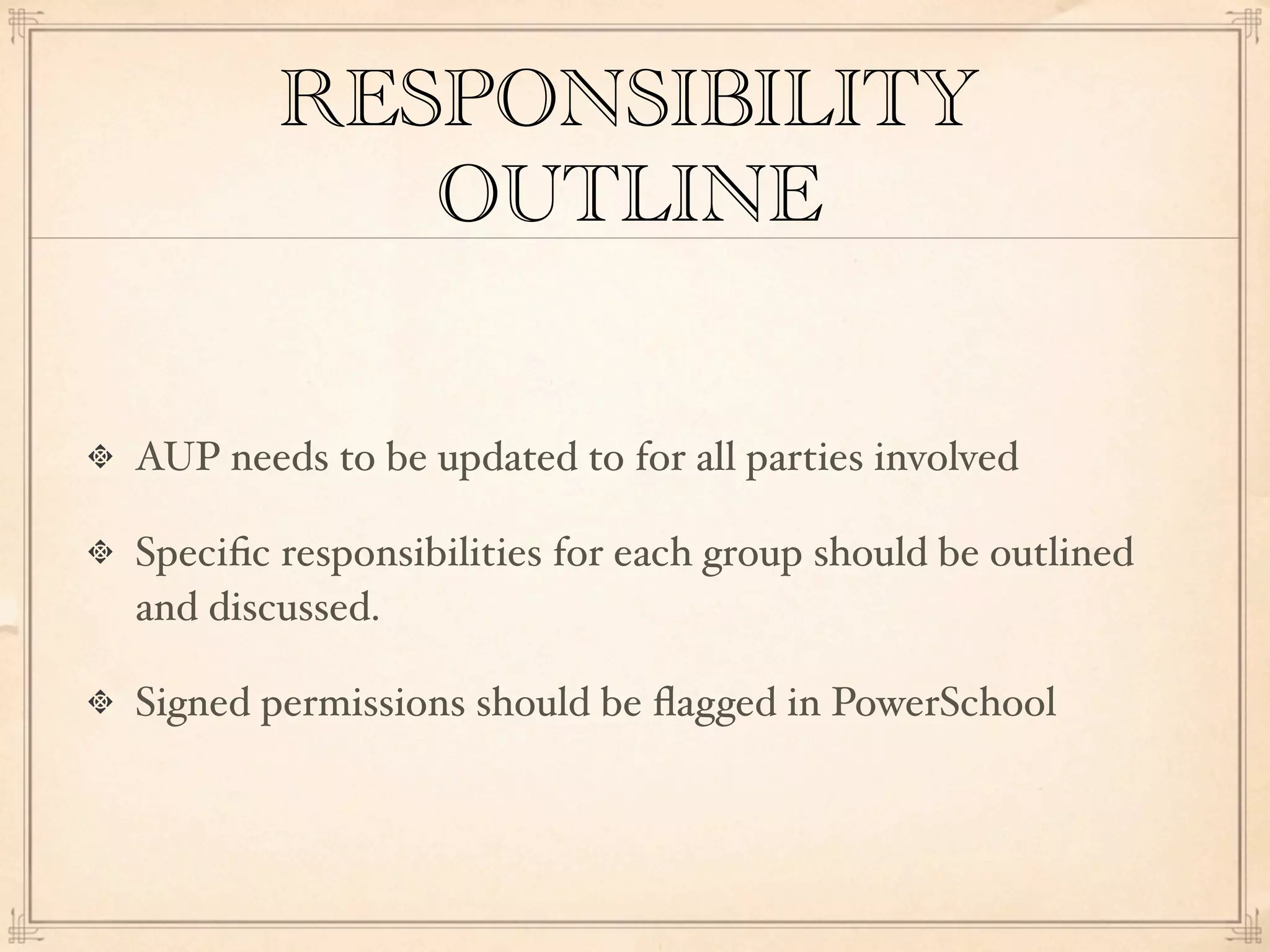 RESPONSIBILITY
           OUTLINE


AUP needs to be updated to for all parties involved

Speciﬁc responsibilities for each group should be outlined
and discussed.

Signed permissions should be ﬂagged in PowerSchool
 