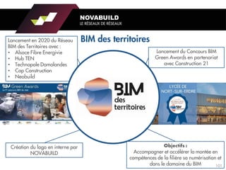 NOVABUILD
LE RÉSEAUX DE RÉSEAUX
Lancement en 2020 du Réseau
BIM des Territoires avec :
• Alsace Fibre Energivie
• Hub TEN
• Technopole Domolandes
• Cap Construction
• Neobuild
Création du logo en interne par
NOVABUILD
Lancement du Concours BIM
Green Awards en partenariat
avec Construction 21
Accompagner et accélérer la montée en
compétences de la filière sa numérisation et
dans le domaine du BIM 101
 