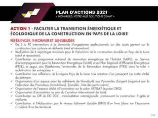 RÉFÉRENCER, INFORMER ET SENSIBILISER
✓ De 5 à 10 interventions à la demande d’organismes professionnels sur des sujets portant sur la
construction bas carbone et résiliente (neuf et rénovation).
✓ Réalisation de 6 reportages minimum pour le Panorama de la construction durable en Pays de la Loire
(neuf et rénovation).
✓ Contribution au programme national de rénovation énergétique de l’habitat (FAIRE), au Service
d'accompagnement pour la Rénovation Energétique (SARE) et au Plan Régional d’Efficacité Énergétique
(PREE), et appui aux Plateformes Territoriales de la Rénovation énergétique (PTRE) dans le volet «
mobilisation des entreprises ».
✓ Contribution aux réflexions de la région Pays de la Loire à la création d’un passeport (ou carte vitale)
du bâtiment.
✓ Organisation d’un espace pour les adhérents de Novabuild aux Pyramides d’argent (organisé par la
Fédération des Promoteurs Immobiliers). [Livrable : liste des participants]
✓ Organisation de l’espace dédié à l’innovation sur le salon ARTIBAT (espace CIRQ).
✓ Organisation d’animations au sein du Carrefour International du Bois).
✓ Contribution au Off du DD 2021, manifestation interrégionale promouvant la construction frugale et
résiliente
✓ Contribution à l’élaboration par le réseau bâtiment durable (RBD) d’un livre blanc sur l’économie
circulaire dans les territoires
PLAN D’ACTIONS 2021
« NOVABUILD, VOTRE ALLIÉ SOLUTIONS CLIMAT »
106
 