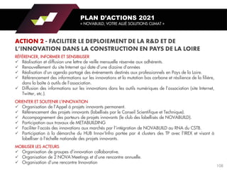 RÉFÉRENCER, INFORMER ET SENSIBILISER
✓ Réalisation et diffusion une lettre de veille mensuelle réservée aux adhérents.
✓ Renouvellement du site Internet qui date d’une dizaine d’années
✓ Réalisation d’un agenda partagé des événements destinés aux professionnels en Pays de la Loire.
✓ Référencement des informations sur les innovations et la mutation bas carbone et résilience de la filière,
dans la boîte à outils de l’association.
✓ Diffusion des informations sur les innovations dans les outils numériques de l’association (site Internet,
Twitter, etc.).
ORIENTER ET SOUTENIR L’INNOVATION
✓ Organisation de l’Appel à projets innovants permanent.
✓ Référencement des projets innovants (labellisés par le Conseil Scientifique et Technique).
✓ Accompagnement des porteurs de projets innovants (le club des labellisés de NOVABUILD).
✓ Participation aux travaux de METABUILDING
✓ Faciliter l’accès des innovations aux marchés par l’intégration de NOVABUILD au RNA du CSTB.
✓ Participation à la démarche du HUB Innov’Infra portée par 4 clusters des TP avec l’IREX et visant à
labelliser à l’échelle nationale des projets innovants.
MOBILISER LES ACTEURS
✓ Organisation de groupes d’innovation collaborative.
✓ Organisation de 2 NOVA‘Meetings et d’une rencontre annuelle.
✓ Organisation d’une rencontre Innovation
PLAN D’ACTIONS 2021
« NOVABUILD, VOTRE ALLIÉ SOLUTIONS CLIMAT »
108
 