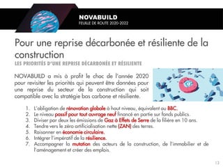 NOVABUILD a mis à profit le choc de l’année 2020
pour revisiter les priorités qui peuvent être données pour
une reprise du secteur de la construction qui soit
compatible avec la stratégie bas carbone et résiliente.
1. L’obligation de rénovation globale à haut niveau, équivalent au BBC.
2. Le niveau passif pour tout ouvrage neuf financé en partie sur fonds publics.
3. Diviser par deux les émissions de Gaz à Effets de Serre de la filière en 10 ans.
4. Tendre vers le zéro artificialisation nette (ZAN) des terres.
5. Raisonner en économie circulaire.
6. Intégrer l’impératif de la résilience.
7. Accompagner la mutation des acteurs de la construction, de l’immobilier et de
l’aménagement et créer des emplois.
Pour une reprise décarbonée et résiliente de la
construction
NOVABUILD
FEUILLE DE ROUTE 2020-2022
13
 