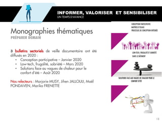Monographies thématiques
INFORMER, VALORISER ET SENSIBILISER
UN TEMPS D’AVANCE
bulletins sectoriels de veille documentaire ont été
diffusés en 2020 :
• Conception participative – Janvier 2020
• Low-tech, frugalité, sobriété – Mars 2020
• Solutions face au vagues de chaleur pour le
confort d’été – Août 2020
Nos relecteurs : Marjorie MUSY, Jihen JALLOULI, Maël
PONDAVEN, Marika FRENETTE
18
 