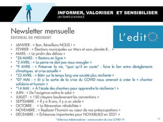 Newsletter mensuelle
INFORMER, VALORISER ET SENSIBILISER
UN TEMPS D’AVANCE
• JANVIER : « Bon, Réveillons-NOUS ! »
• FÉVRIER : « Élections municipales sur Mars et sans planète B... »
• MARS : « Le jardin des délices »
• *26 MARS : « Restons en ligne »
• *2 AVRIL : « La peine ne doit pas nous aveugler »
• *9 AVRIL : « Préserver la vie, "quoi qu'il en coute" : faire le lien entre dérèglements
climatiques et crise actuelle »
• *23 AVRIL : « Bâtir sur le temps long une société plus résiliente »
• *07 MAI : « Et si la sortie de la crise du COVID nous amenait à créer le « chantier
solidaire et humain »
• *14 MAI : « À l’école des chantiers pour apprendre la résilience ! »
• JUIN : « De l’exigence naîtra le salut »
• JUILLET : « 150 citoyens bouleversent les conventions »
• SEPTEMBRE : « Il y a 8 ans, il y a un siècle »
• OCTOBRE : « La Rénovation réhabilitée »
• NOVEMBRE : « Replacer l’humain au cœur de nos préoccupations »
• DÉCEMBRE : « Échéances importantes pour NOVABUILD en 2021 »
* Editoriaux hebdomadaires - communication de crise COVID-19 19
 