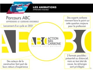 Lancement d’un cycle en 2021
Parcours ABC
2 formats possibles :
présentiel ou distanciel,
mais en tout état de
cause, les échanges
sont privilégiés
Des acteurs de la
construction font part de
leurs retours d’expérience
Des experts carbone
viennent faire le point sur
cette question majeure
pour la profession
LES ANIMATIONS
APPRENDRE ENSEMBLE
36
 
