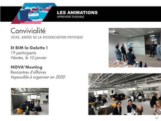 19 participants
Nantes, le 10 janvier
Rencontres d’affaires
Impossible à organiser en 2020
LES ANIMATIONS
APPRENDRE ENSEMBLE
Convivialité
40
 