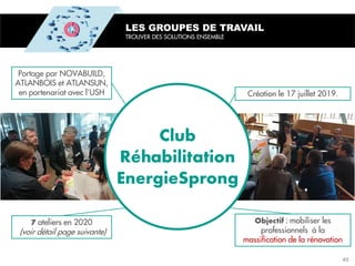Portage par NOVABUILD,
ATLANBOIS et ATLANSUN,
en partenariat avec l’USH
: mobiliser les
professionnels à la
massification de la rénovation
ateliers en 2020
(voir détail page suivante)
Création le 17 juillet 2019.
LES GROUPES DE TRAVAIL
TROUVER DES SOLUTIONS ENSEMBLE
46
 
