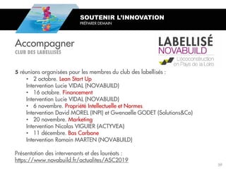 réunions organisées pour les membres du club des labellisés :
• 2 octobre. Lean Start Up
Intervention Lucie VIDAL (NOVABUILD)
• 16 octobre. Financement
Intervention Lucie VIDAL (NOVABUILD)
• 6 novembre. Propriété Intellectuelle et Normes
Intervention David MOREL (INPI) et Gwenaelle GODET (Solutions&Co)
• 20 novembre. Marketing
Intervention Nicolas VIGUIER (ACTYVEA)
• 11 décembre. Bas Carbone
Intervention Romain MARTEN (NOVABUILD)
Présentation des intervenants et des lauréats :
https://www.novabuild.fr/actualites/ASC2019
SOUTENIR L’INNOVATION
PRÉPARER DEMAIN
Accompagner
59
 