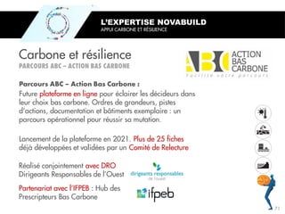 Carbone et résilience
L’EXPERTISE NOVABUILD
APPUI CARBONE ET RÉSILIENCE
Future plateforme en ligne pour éclairer les décideurs dans
leur choix bas carbone. Ordres de grandeurs, pistes
d’actions, documentation et bâtiments exemplaire : un
parcours opérationnel pour réussir sa mutation.
Lancement de la plateforme en 2021. Plus de 25 fiches
déjà développées et validées par un Comité de Relecture
Partenariat avec l’IFPEB : Hub des
Prescripteurs Bas Carbone
Réalisé conjointement avec DRO
Dirigeants Responsables de l’Ouest
71
 