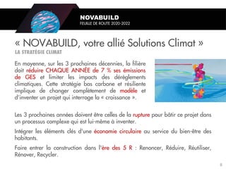 En moyenne, sur les 3 prochaines décennies, la filière
doit réduire CHAQUE ANNÉE de 7 % ses émissions
de GES et limiter les impacts des dérèglements
climatiques. Cette stratégie bas carbone et résiliente
implique de changer complètement de modèle et
d’inventer un projet qui interroge la « croissance ».
Les 3 prochaines années doivent être celles de la rupture pour bâtir ce projet dans
un processus complexe qui est lui-même à inventer.
Intégrer les éléments clés d'une économie circulaire au service du bien-être des
habitants.
Faire entrer la construction dans l'ère des 5 R : Renoncer, Réduire, Réutiliser,
Rénover, Recycler.
« NOVABUILD, votre allié Solutions Climat »
NOVABUILD
FEUILLE DE ROUTE 2020-2022
8
 