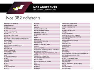 Nos 382 adhérents
NOS ADHÉRENTS
UNE DYNAMIQUE ENCLENCHÉE
A PROPOS ARCHITECTURE
ABAK INGENIERIE
ABCD44
ACADEMIE DE NANTES
ACIEO
AD HOC ARCHITECTURE
ADAUC
ADEME PAYS DE LA LOIRE
ADEXIA
ADI (AETHICA DÉVELOPPEMENT IMMOBILIER)
ADRÉ RÉSEAUX
AFPIA - SOLFI2A
AGEIS SELARL
AGENCE DRODELOT ARCHITECTES
AGENCE K
AGI2D (BERIM)
AIA LIFE DESIGNERS
AIR PAYS DE LA LOIRE
AIREO ENERGIES
ALEC
ALHYANGE ACOUSTIQUE
ALISEE
ALLIANCE GROUP
ALLPLAN
ALTER
ALTEREA
ALTRA ARCHITECTES
ALVEOLIS
AMAEVA
AMF 44
AMOLIA
ANGERS LOIRE HABITAT
ANGERS LOIRE METROPOLE
ANGERS TECHNOPOLE
APAVE NORD-OUEST SAS
APEE
APLICIT
ARCADIS ESG
ARCHIMAGE ET ASSOCIES
AREA GROUPE
ARMOR SOLAR POWER FILMS
ARTELIA
ASCIA INGENIERIE
ASSOCIATION DES INGÉNIEURSEN CLIMATIQUE,
VENTILATION ET FROID
ASSOCIATION DES URBANISTES DU GRAND
OUEST
ASSOCIATION PROMOTELEC
ASSURWEST CONSTRUCTION
ATELIER AVENA
ATELIER BELENFANT ET DAUBAS
ATIK
ATLANBOIS
ATLANCAD
ATLANSUN
ATLANTIQUE HABITATIONS
ATLANTIQUE OUVERTURES
ATOME ARCHITECTURE
ATPS
ATREALIS PROMOTION
ATTYQUE
AUNEA INGÉNIERIE
AURA ARCHITECTES ET ASSOCIES
AURELIENLE ROUX ARCHITECTURE
AVENTIM SAS
AVOCAT MAXIME LE BORGNE
AXENERGIE
AXLO AVOCATS
BAO VIRTUELLE
BATI NANTES
BATILIB
BATIMGIE
BATIPRINT3D
BDO DEPARTEMENT STRATEGIE ET PERFORMANCE
BERTRAND BUILDING RESEARCH
BETHERM
BETREC IG E2C GRAND OUEST
BIM BAM BOOM
BIM SERVICES
BIM TECHNIQUES ET TECHNOLOGIES
BIMEO
BIO BÂT ENERGIE
BIZON GERARD 82
 