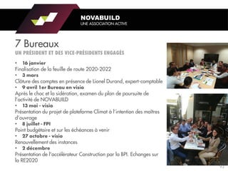 7 Bureaux
•
Finalisation de la feuille de route 2020-2022
•
Clôture des comptes en présence de Lionel Durand, expert-comptable
•
Après le choc et la sidération, examen du plan de poursuite de
l’activité de NOVABUILD
•
Présentation du projet de plateforme Climat à l’intention des maîtres
d’ouvrage
•
Point budgétaire et sur les échéances à venir
•
Renouvellement des instances
•
Présentation de l'accélérateur Construction par la BPI. Echanges sur
la RE2020
NOVABUILD
UNE ASSOCIATION ACTIVE
93
 