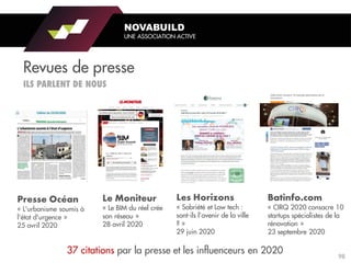 Revues de presse
« CIRQ 2020 consacre 10
startups spécialistes de la
rénovation »
23 septembre 2020
« Sobriété et Low tech :
sont-ils l’avenir de la ville
? »
29 juin 2020
« L'urbanisme soumis à
l'état d'urgence »
25 avril 2020
« Le BIM du réel crée
son réseau »
28 avril 2020
37 citations par la presse et les influenceurs en 2020
NOVABUILD
UNE ASSOCIATION ACTIVE
98
 