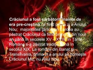Crăciunul a fost sărbătorit înainte de
era pre-creştină ca fiind prima zi a Anului
Nou; majoritatea ţărilor din Europa au
păstrat Crăciunul ca fiind prima zi din noul
an până în secolele XV – XVIII; în Ţările
Române s-a păstrat tradiţia până în
secolul XIX. La românii din Banat şi
Transilvania, prima zi a anului se numeşte
Crăciunul Mic, nu Anul Nou.
 