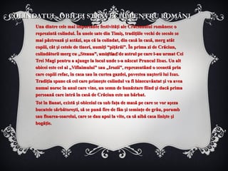 COLINDATUL, OBICEI STRĂVECHI PENTRU ROMÂNI Una dintre cele mai importante festivităţi ale Crăciunului românesc o reprezintă colindul. În unele sate din Timiş, tradiţiile vechi de secole se mai păstrează şi astăzi, aşa că la colindat, din casă în casă, merg atât copiii, cât şi cetele de tineri, numiţi “piţărăi”. În prima zi de Crăciun, colindătorii merg cu „Steaua”, amintind de astrul pe care l-au urmat Cei Trei Magi pentru a ajunge la locul unde s-a născut Pruncul Iisus. Un alt obicei este cel al „Viflaimului” sau „Irozii”, reprezentând o scenetă prin care copiii refac, în casa sau în curtea gazdei, povestea naşterii lui Isus. Tradiţia spune că cel care primeşte colindul va fi binecuvântat şi va avea numai noroc în anul care vine, un semn de bunăstare fiind şi dacă prima persoană care intră în casă de Crăciun este un bărbat. Tot în Banat, există şi obiceiul ca sub faţa de masă pe care se vor aşeza bucatele sărbătoreşti, să se pună fire de fân şi seminţe de grâu, porumb sau floarea-soarelui, care se dau apoi la vite, ca să aibă casa linişte şi bogăţie. 