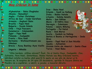 "Câte bordeie, atâtea obiceie"! Însă, fie el Santa Claus, Joulupukki, Jizo,
Jultomte, Pere Noel, Sinterklaas, Babbo Natale sau Moş Crăciunul nostru,
bătrânul rotofei cu barba albă poartă în spate un sac plin de daruri şi în
fiecare an, în noaptea de 24 spre 25 decembrie, aprinde în fiecare dintre noi
flacăra vie a copilăriei, a iubirii, a jocului, a bucuriei dăruite.
Moş Crăciun în lume
Afghanistan - Baba Chaghaloo
Albania – Babadimri
Anglia - Father Christmas
Africa de Sud - Vader Kersfees
Armenia - Gaghant Baba
Brazilia - Papai Noel
Bulgaria - Dyado Koleda
Chile - Viejo Pascuero
Danemarca – Julemanden
Egipt - Papa Noël
Finlanda - Joulupukki
Franta - Père Noël
Germania - Weihnachtsmann sau
Nikolaus
Grecia - Άγιος Βασίλης-Άyos Vasílis
Ungaria - Mikulás
Iran - Baba Noel
Irlanda - Daidí na Nollaig
Italia - Babbo Natale
Lituania - Kalėdų Senelis
Malta - San Niklaw
Mexic - El Niñito Dios
Norvegia - Julenissen
Polonia - ¦więty Mikołaj
Portugalia - Pai Natal
Rusia - Ded Moroz
Scotia - Daidaín na Nollaig
Serbia si Bosnia si Hertegovina - Deda
Mraz
Spania - Papá Noel si San Nicolás
Suedia - Jultomten
Statele Unite ale Americii – Santa Claus
Turcia - Noel Baba
 