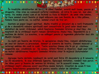În tradiţiile sărbătorilor de iarnă, în sânul familiei, există mult basm, poezie şi
dragoste. Cine vrea sa cunoască sufletul românului, să intre în casa lui, mai ales
iarna. Va vedea atunci cum el se închină cu faţa la Răsărit, de unde vine lumina,
îşi face semnul crucii înainte şi după mâncare sau cum înainte de a tăia pâinea,
femeia face peste ea, cu cuţitul, semnul crucii de trei ori.
Suntem un popor bogat spiritual. Multe tradiţii şi obiceiuri de o rară frumuseţe
şi de o deosebită valoare spirituală sunt concentrate în jurul celor două mari
sărbători de iarnă: Crăciunul, adică Naşterea Domnului Hristos şi Anul Nou. Am
moştenit de la strămoşii noştri romani sărbătoarea Anului Nou, împodobită cu o
mulţime de datini. La acestea, s-au adăugat poezia şi legendele păstorilor daci din
Munţii Carpaţi.
Cu mulţi ani înainte de Hristos, în apropierea Anului Nou, romanii sărbătoreau
pe zeul lor Saturn cu procesiuni, dansuri şi scenete de teatru. Oameni mascaţi şi
ceteraşi umblau din casă in casă. Toate acestea ţineau zile în şir şi cinsteau
ocupaţiile sau credinţele lor. De aceea, Sfinţii Părinţi ai Bisericii, după anul 325,
au mutat sărbătoarea Naşterii Domnului Hristos chiar în mijlocul Saturnalelor
romane.
Aproape toate datinile româneşti de iarnă sunt între 20 decembrie şi 8 ianuarie.
La 20 decembrie, în ziua Sfântului Ignatie, Episcopul Antiohiei, românii taie porcii.
Se tăiau porci şi înainte de venirea lui Hristos, tot în această vreme. Dar
strămoşii noştri aduceau acest sacrificiu zeului Saturn. Creştinii de acum îl taie
pentru îndestularea gospodarilor şi pentru veselia zilelor de sărbători.
 