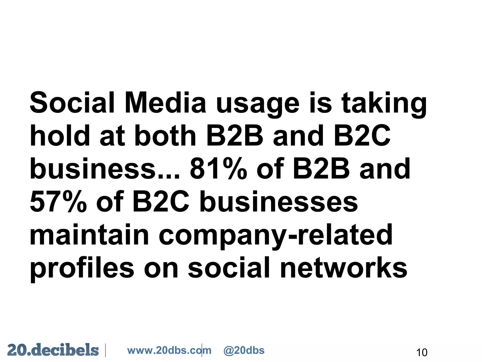 www.20dbs.com @20dbs
Social Media usage is taking
hold at both B2B and B2C
business... 81% of B2B and
57% of B2C businesses
maintain company-related
profiles on social networks
10
 