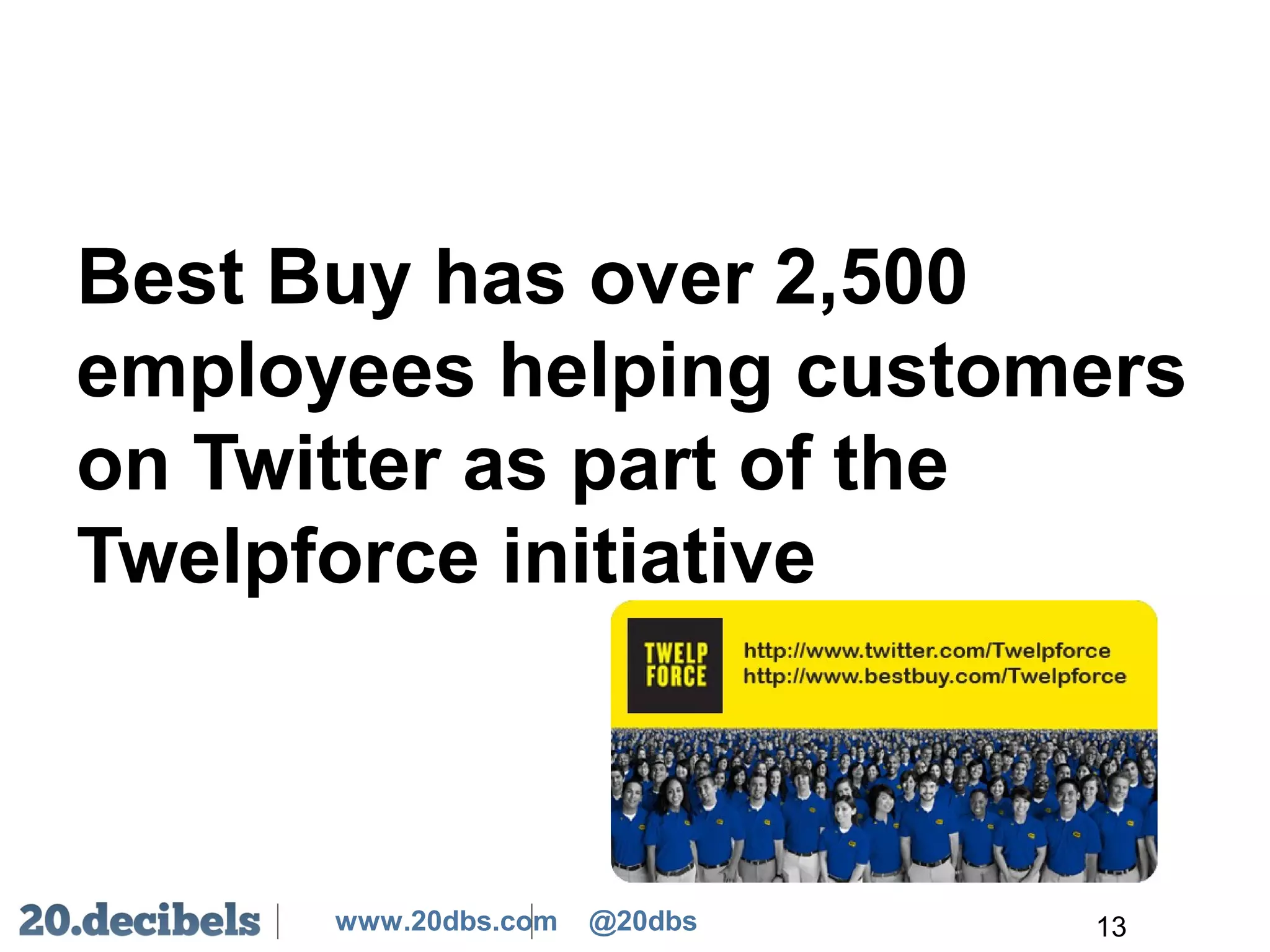 www.20dbs.com @20dbs
Best Buy has over 2,500
employees helping customers
on Twitter as part of the
Twelpforce initiative
13
 