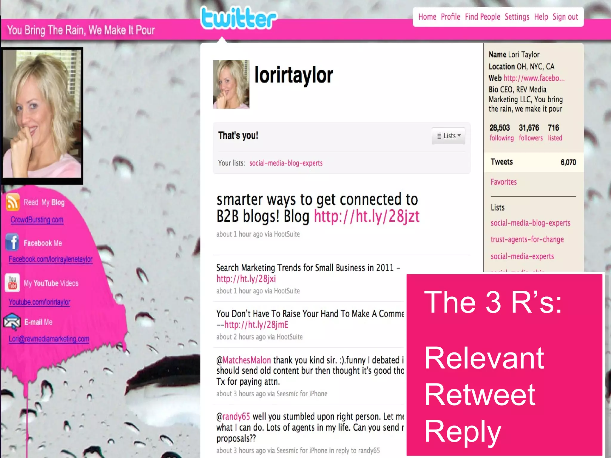 SOCIAL MEDIA TACTIC
The 3 R’s:
Relevant
Retweet
Reply
The 3 R’s:
Relevant
Retweet
Reply
 