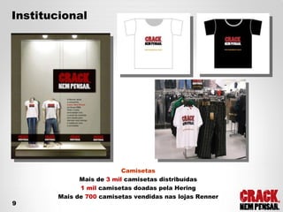 Camisetas Mais de  3 mil  camisetas distribuídas 1 mil  camisetas doadas pela Hering Mais de  700  camisetas vendidas nas lojas Renner Institucional 9 