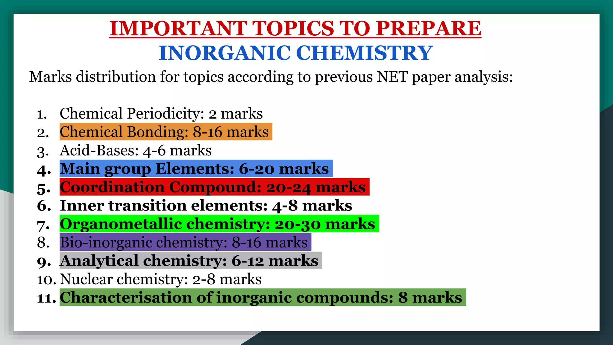 IMPORTANT TOPICS TO PREPARE
INORGANIC CHEMISTRY
Marks distribution for topics according to previous NET paper analysis:
1. Chemical Periodicity: 2 marks
2. Chemical Bonding: 8-16 marks
3. Acid-Bases: 4-6 marks
4. Main group Elements: 6-20 marks
5. Coordination Compound: 20-24 marks
6. Inner transition elements: 4-8 marks
7. Organometallic chemistry: 20-30 marks
8. Bio-inorganic chemistry: 8-16 marks
9. Analytical chemistry: 6-12 marks
10. Nuclear chemistry: 2-8 marks
11. Characterisation of inorganic compounds: 8 marks
 