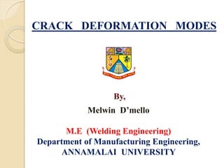 CRACK DEFORMATION MODES
Melwin D’mello
M.E (Welding Engineering)
Department of Manufacturing Engineering,
ANNAMALAI UNIVERSITY
By,
 
