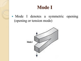 Mode I
 Mode I denotes a symmetric opening
(opening or tension mode)
 