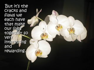 But it’s the
cracks and
flaws we
each have
that make
our lives
together so
very
interesting
and
rewarding.
 