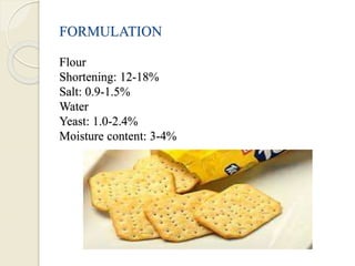 FORMULATION
Flour
Shortening: 12-18%
Salt: 0.9-1.5%
Water
Yeast: 1.0-2.4%
Moisture content: 3-4%
 