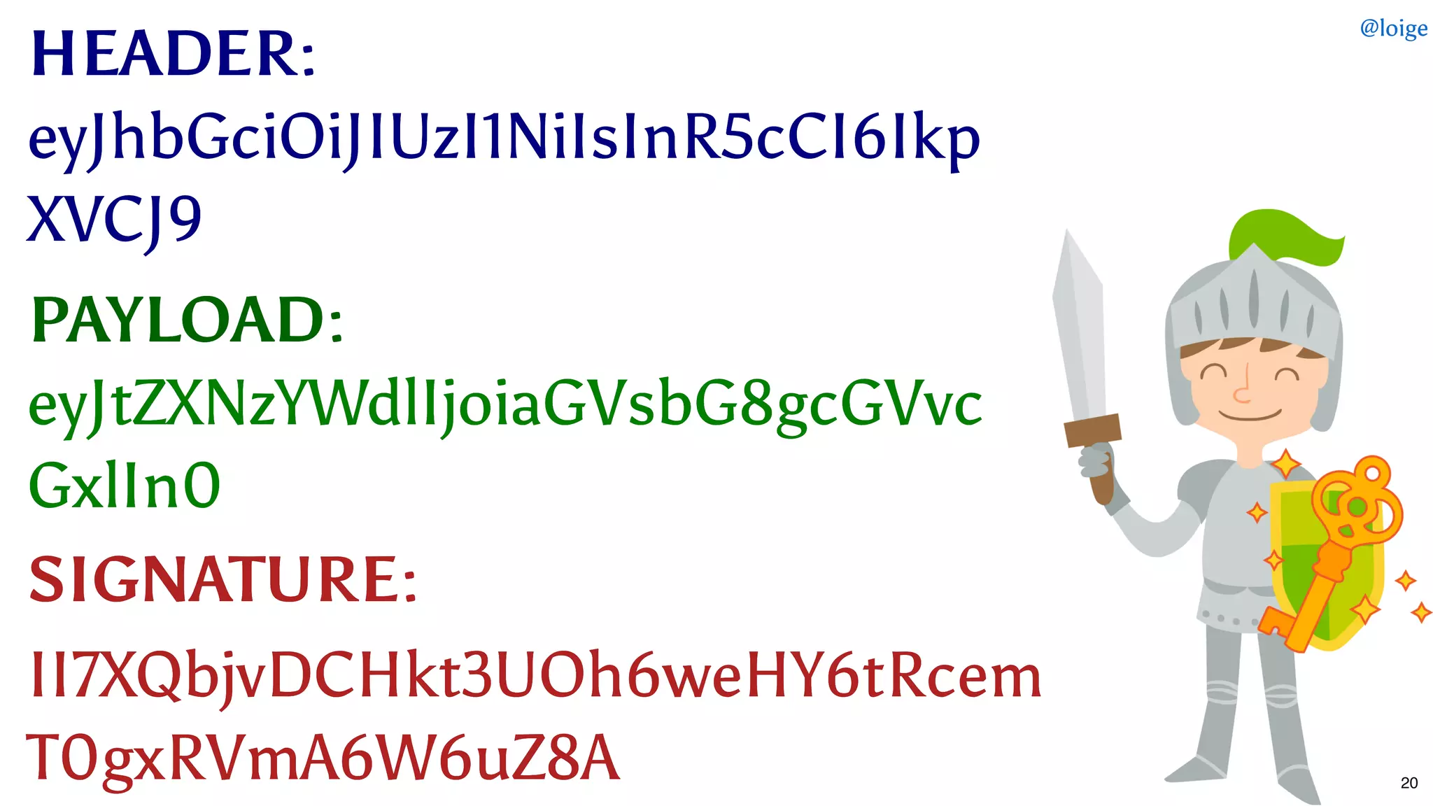 HEADERHEADER::
eyJhbGciOiJIUzI1NiIsInR5cCI6IkpeyJhbGciOiJIUzI1NiIsInR5cCI6Ikp
XVCJ9XVCJ9
PAYLOADPAYLOAD::
eyJtZXNzYWdlIjoiaGVsbG8gcGVvceyJtZXNzYWdlIjoiaGVsbG8gcGVvc
GxlIn0GxlIn0
SIGNATURESIGNATURE::
II7XQbjvDCHkt3UOh6weHY6tRcemII7XQbjvDCHkt3UOh6weHY6tRcem
T0gxRVmA6W6uZ8AT0gxRVmA6W6uZ8A
@loige
20
 