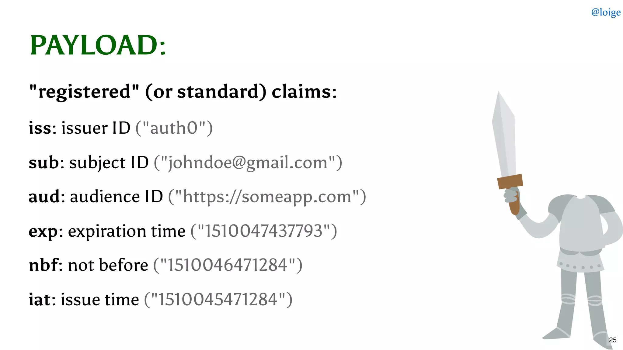 PAYLOADPAYLOAD::
"registered" (or standard) claims:"registered" (or standard) claims:
iss: issuer ID ("auth0")
sub: subject ID ("johndoe@gmail.com")
aud: audience ID ("https://someapp.com")
exp: expiration time ("1510047437793")
nbf: not before ("1510046471284")
iat: issue time ("1510045471284")
@loige
25
 