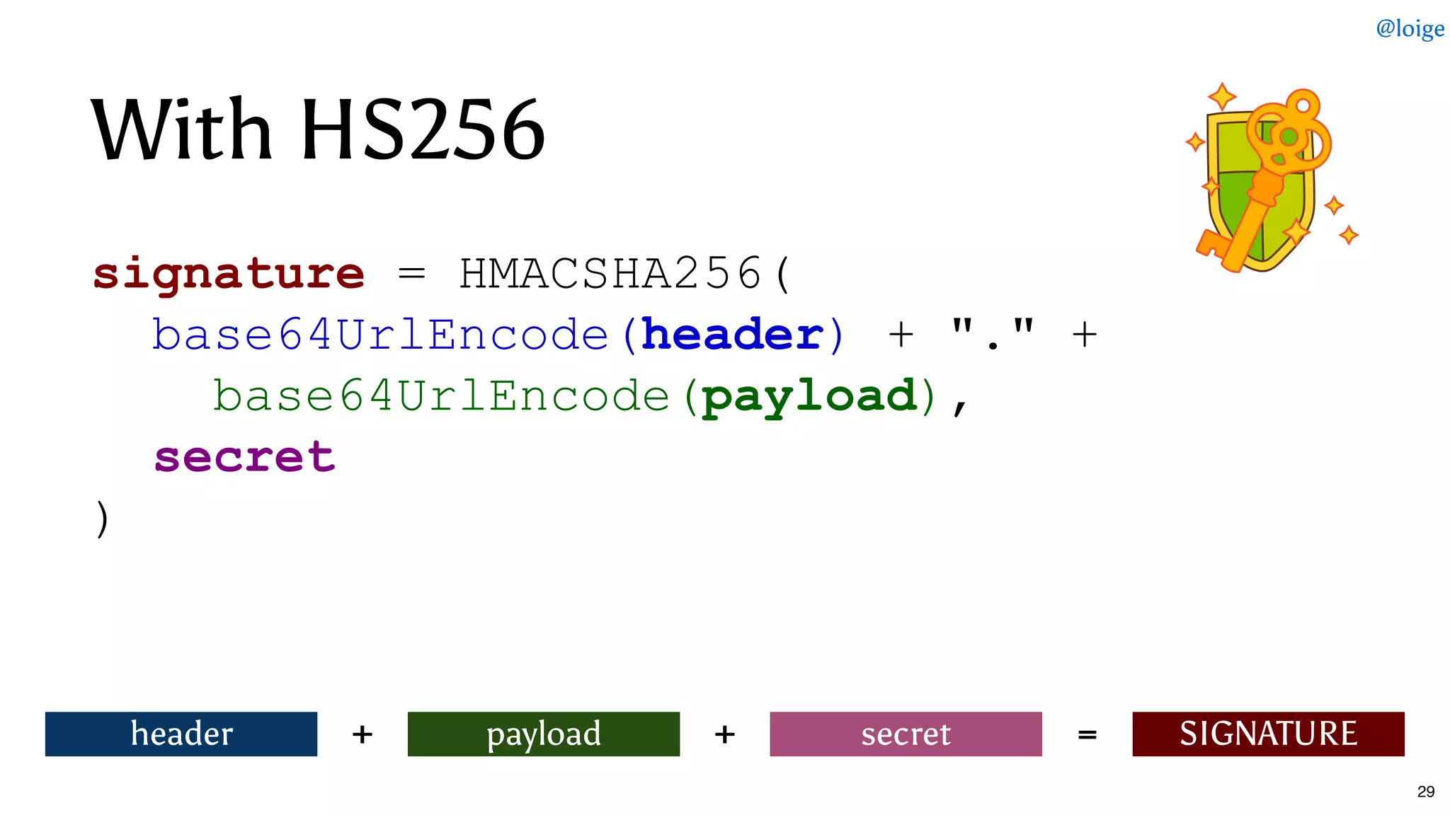 With HS256With HS256
signature = HMACSHA256( 
  base64UrlEncode(header) + "." + 
    base64UrlEncode(payload), 
  secret 
)
header payload secret SIGNATURE+ + =
@loige
29
 