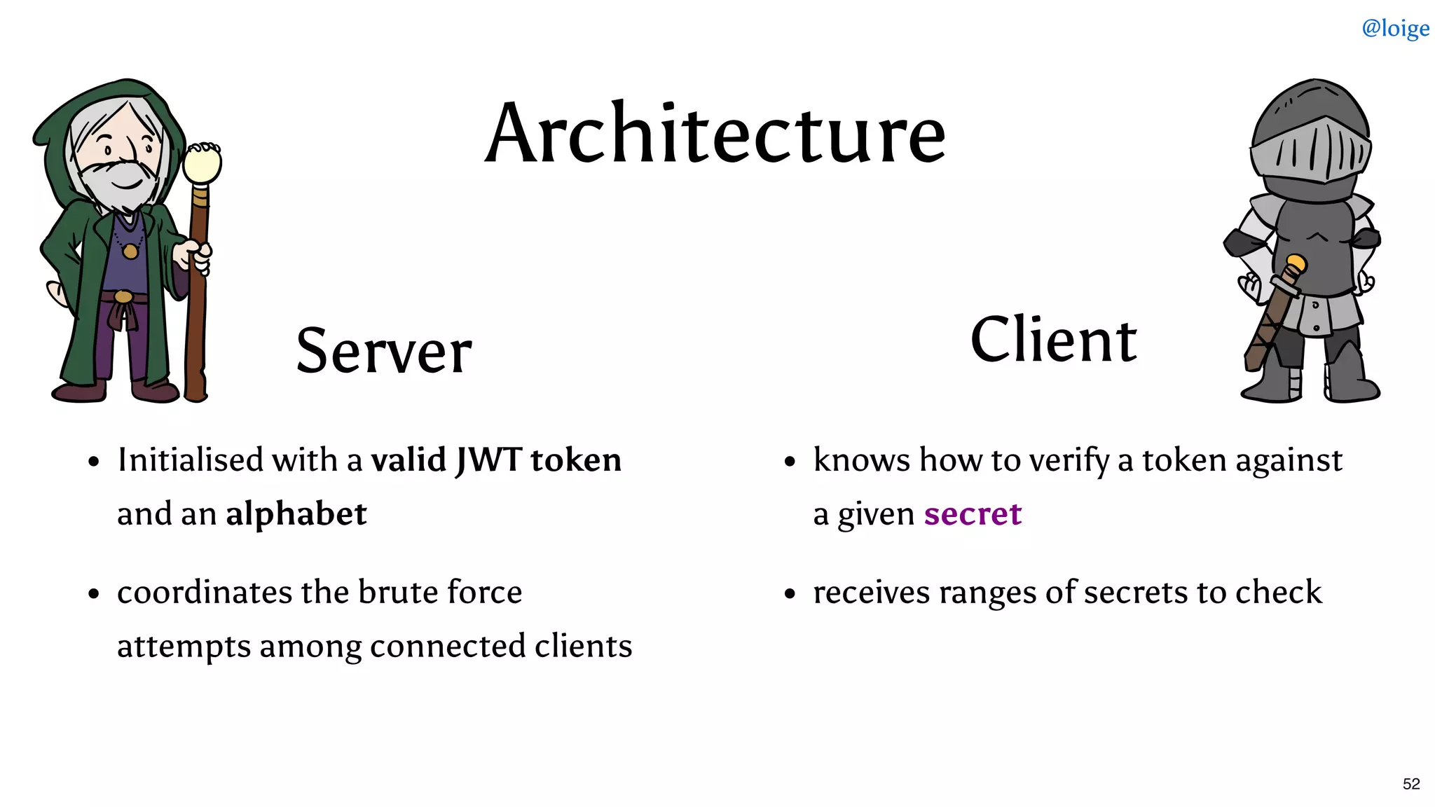 ArchitectureArchitecture
ServerServer ClientClient
Initialised with a valid JWT token
and an alphabet
coordinates the brute force
attempts among connected clients
knows how to verify a token against
a given secret
receives ranges of secrets to check
@loige
52
 