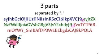 eyJhbGciOiJIUzI1NiIsInR5cCI6IkpXVCJ9.eyJtZX
NzYWdlIjoiaGVsbG8gV3JvY2xhdyJ9.ZvoTYTP6R
rnOYWY_5n1BAff7P3WEEEbgdzCAJ8kPQLA
3 parts
separated by "."
19
 