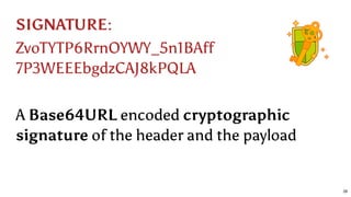 SIGNATURE:
ZvoTYTP6RrnOYWY_5n1BAff
7P3WEEEbgdzCAJ8kPQLA
A Base64URL encoded cryptographic
signature of the header and the payload
28
 