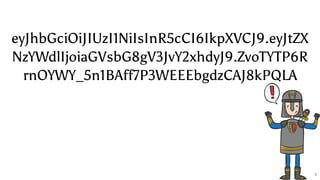 eyJhbGciOiJIUzI1NiIsInR5cCI6IkpXVCJ9.eyJtZX
NzYWdlIjoiaGVsbG8gV3JvY2xhdyJ9.ZvoTYTP6R
rnOYWY_5n1BAff7P3WEEEbgdzCAJ8kPQLA
7
 