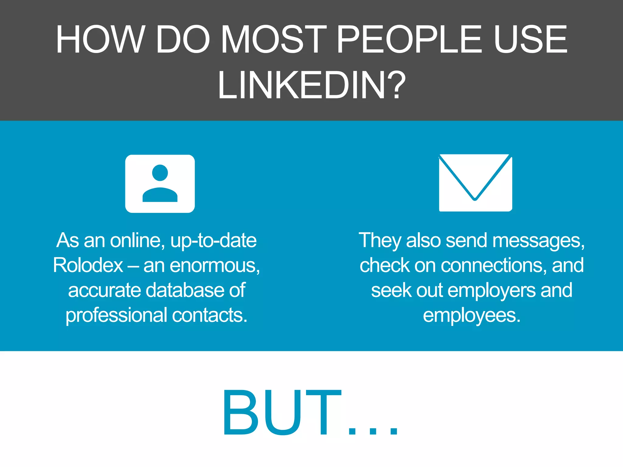 BUT…
HOW DO MOST PEOPLE USE
LINKEDIN?
As an online, up-to-date
Rolodex – an enormous,
accurate database of
professional contacts.
They also send messages,
check on connections, and
seek out employers and
employees.
 