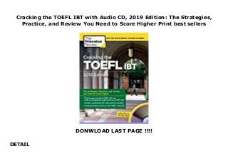 Cracking the TOEFL IBT with Audio CD, 2019 Edition: The Strategies,
Practice, and Review You Need to Score Higher Print best sellers
DONWLOAD LAST PAGE !!!!
DETAIL
? PREMIUM EBOOK Cracking the TOEFL IBT with Audio CD, 2019 Edition: The Strategies, Practice, and Review You Need to Score Higher (Princeton Review) ? Download and stream more than 10,000 movies, e-books, audiobooks, music tracks, and pictures ? Adsimple access to all content ? Quick and secure with high-speed downloads ? No datalimit ? You can cancel at any time during the trial ? Download now : https://ift.realfiedbook.com/?book=0525567887 ? Book discription : THE PRINCETON REVIEW GETS RESULTS. Get all the prep you need to ace the Test of English as a Foreign Language with a full-length simulated TOEFL iBT test, an MP3 CD with accompanying audio sections, thorough reviews of core topics, and proven strategies for tackling tough questions.Techniques That Actually Work.- Step-by-step strategies for every section of the exam- Lessons on how to identify the main ideas of a passage or lecture- Tips on how to effectively organize your ideasEverything You Need to Know for a High Score.- Grammar review to brush up on the basics- Expert subject reviews for the core concepts of the TOEFL- Comprehensive guidance on how to write a high-scoring essay Practice Your Way to Perfection.- 1 full-length simulated TOEFL iBT with accompanying audio sections on CD (also available as streaming files online)- Practice drills for the Speaking, Listening, Reading, and Writing sections- Detailed answer explanations for the practice test and drills
 