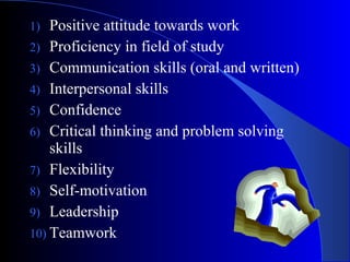 1) Positive attitude towards work
2) Proficiency in field of study
3) Communication skills (oral and written)
4) Interpersonal skills
5) Confidence
6) Critical thinking and problem solving
skills
7) Flexibility
8) Self-motivation
9) Leadership
10) Teamwork
 