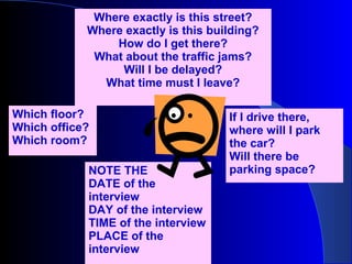 Where exactly is this street?
Where exactly is this building?
How do I get there?
What about the traffic jams?
Will I be delayed?
What time must I leave?
Which floor?
Which office?
Which room?
If I drive there,
where will I park
the car?
Will there be
parking space?NOTE THE
DATE of the
interview
DAY of the interview
TIME of the interview
PLACE of the
interview
 