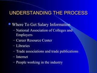 UNDERSTANDING THE PROCESSUNDERSTANDING THE PROCESS
Where To Get Salary Information
– National Association of Colleges and
Employers
– Career Resource Center
– Libraries
– Trade associations and trade publications
– Internet
– People working in the industry
 