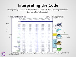 Interpreting the Code
Distinguishing between mutations that confer a selective advantage and those
that are selectively neutral.
• Recurrent mutations
• Account for variable background
mutation rates

• Comparative genomics

Imielinski Wheeler Mapping the hallmarks of lung for cancer diagnosis and therapy. Annu sequencing. 14;65:33-48.
Wang L & M (2012)DA. (2014) Genomic sequencingadenocarcinoma with massively parallel Rev Med. JanCell. 2012 Sep
14;150(6):1107-20.

 