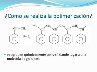 ¿Como se realiza la polimerización?




 se agrupan químicamente entre sí, dando lugar a una
 molécula de gran peso
 