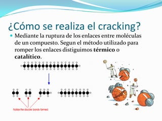 ¿Cómo se realiza el cracking?
 Mediante la ruptura de los enlaces entre moléculas
 de un compuesto. Segun el método utilizado para
 romper los enlaces distiguimos térmico o
 catalítico.
 