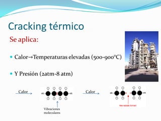 Cracking térmico
Se aplica:

 Calor→Temperaturas elevadas (500-900°C)


 Y Presión (2atm-8 atm)


   Calor                   Calor



             Vibraciones
             moleculares
 