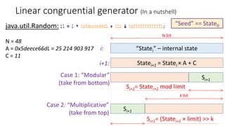 Linear congruential generator (In a nutshell)
“Statei” – internal statei:
Statei+1 = Statei × A + Ci+1:
Case 1: “Modular”
...