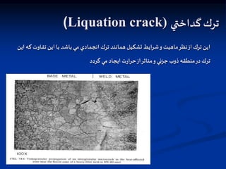 ‫ترك‬
‫گداختي‬
Liquation crack)
)
‫تفاو‬ ‫اين‬ ‫با‬ ‫باشد‬ ‫مي‬‫انجمادي‬‫ترك‬ ‫همانند‬ ‫تشكيل‬‫شرايط‬‫و‬ ‫ماهيت‬‫نظر‬‫از‬‫ترك‬ ‫اين‬
‫اين‬ ‫كه‬ ‫ت‬
‫گردد‬ ‫مي‬‫ايجاد‬‫ت‬‫ر‬‫حرا‬‫از‬‫متاثر‬‫و‬‫جزئي‬ ‫ذوب‬‫منطقه‬‫در‬‫ترك‬
 